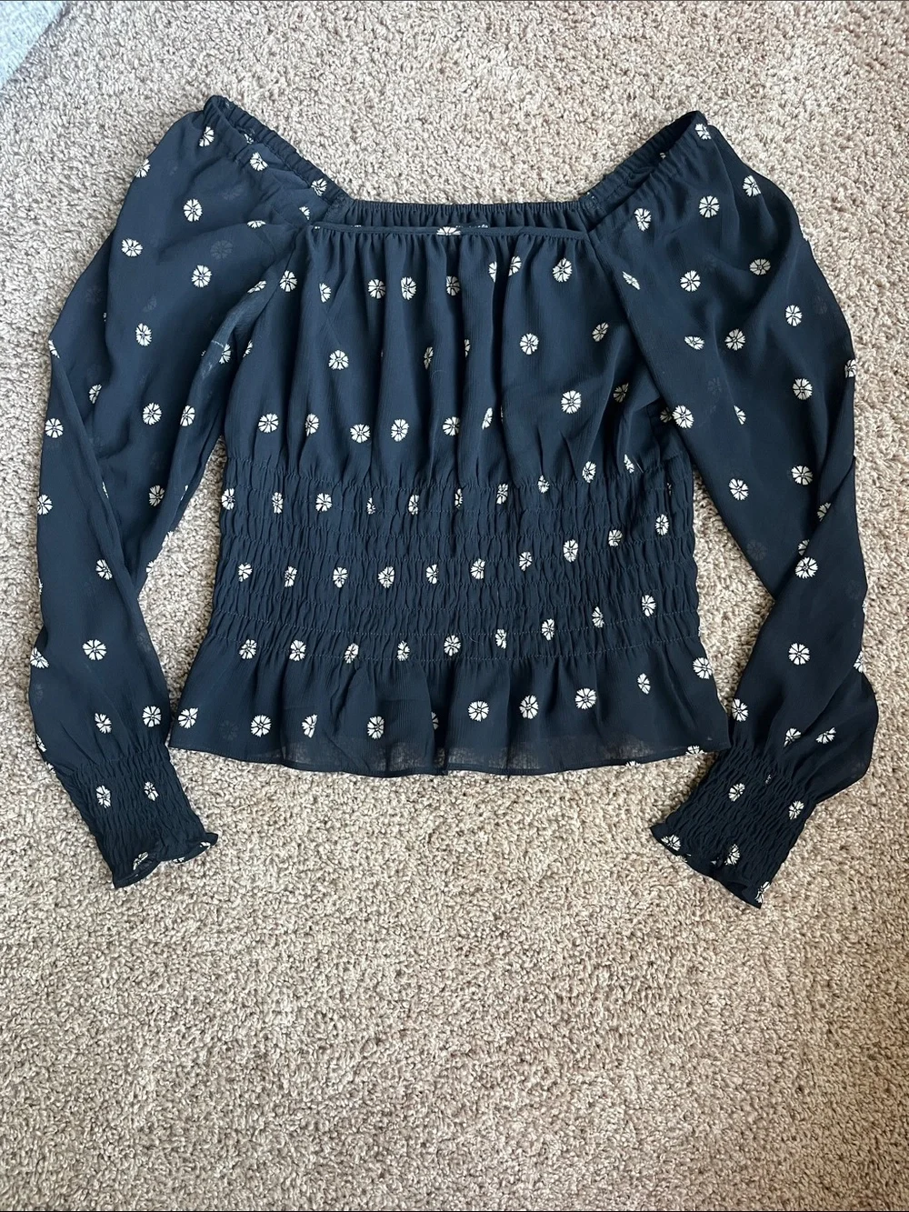 Madewell Black Floral Smocked Peplum Long-Sleeve Top